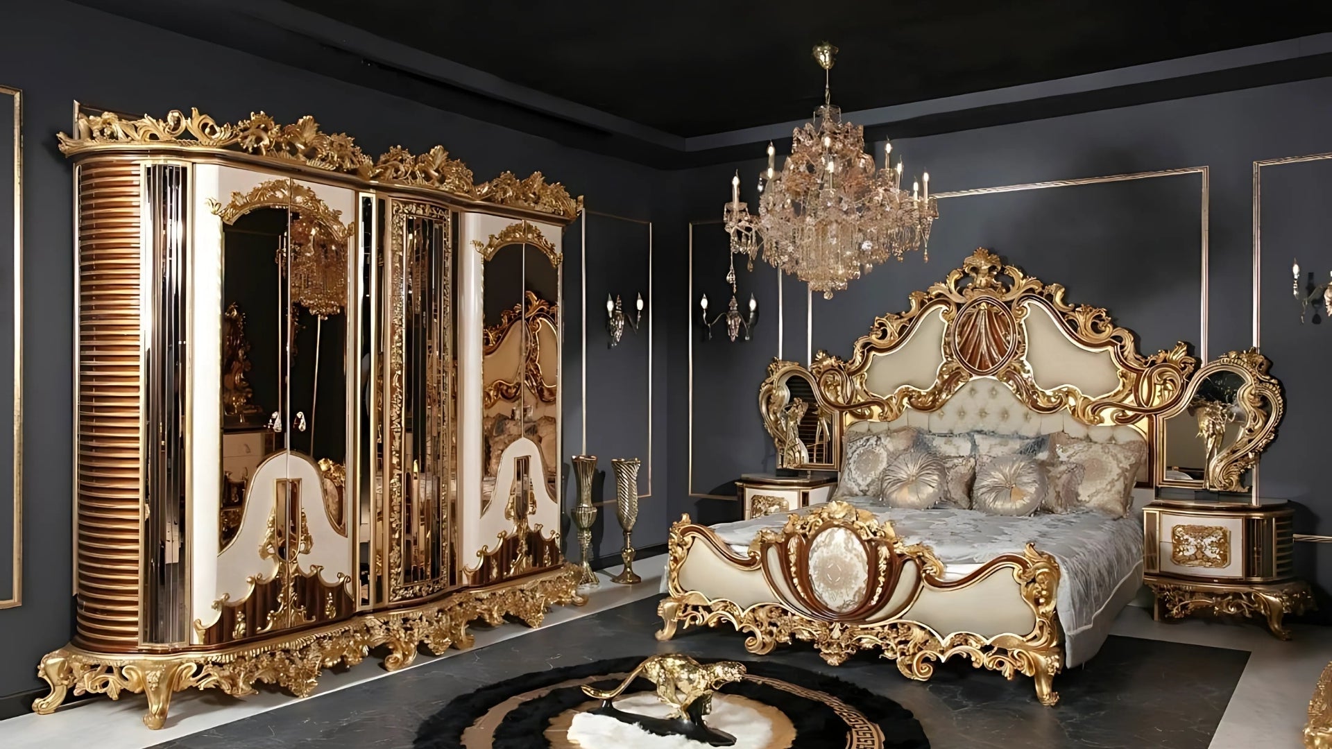 Luxurious bedroom with ornate bed and wardrobe in a dark room.